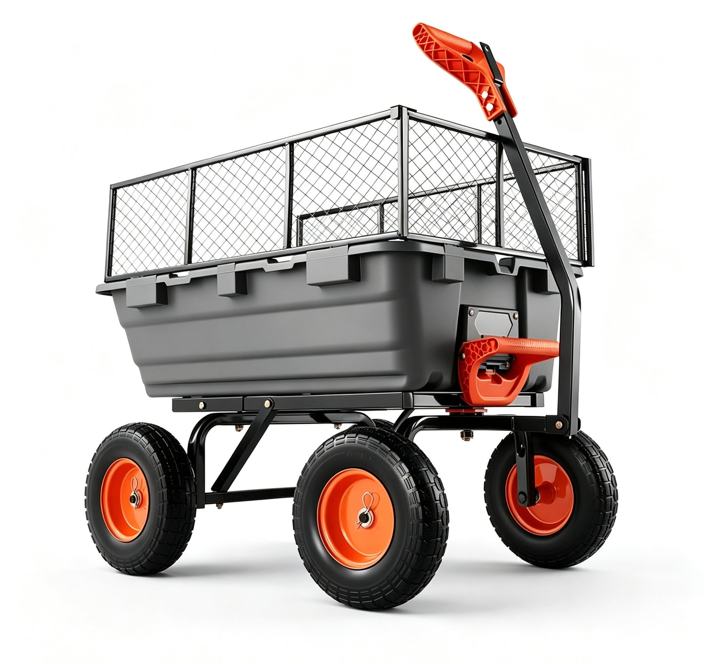 Heavy‑Duty Poly Garden Dump Cart, 2‑in‑1 Convertible Handle, 13" Rubber All‑Terrain Wheels, 800‑1500 lbs Load Capacity, Mesh Cargo Cover, 180° Towing Steering for Garden & Farm Work