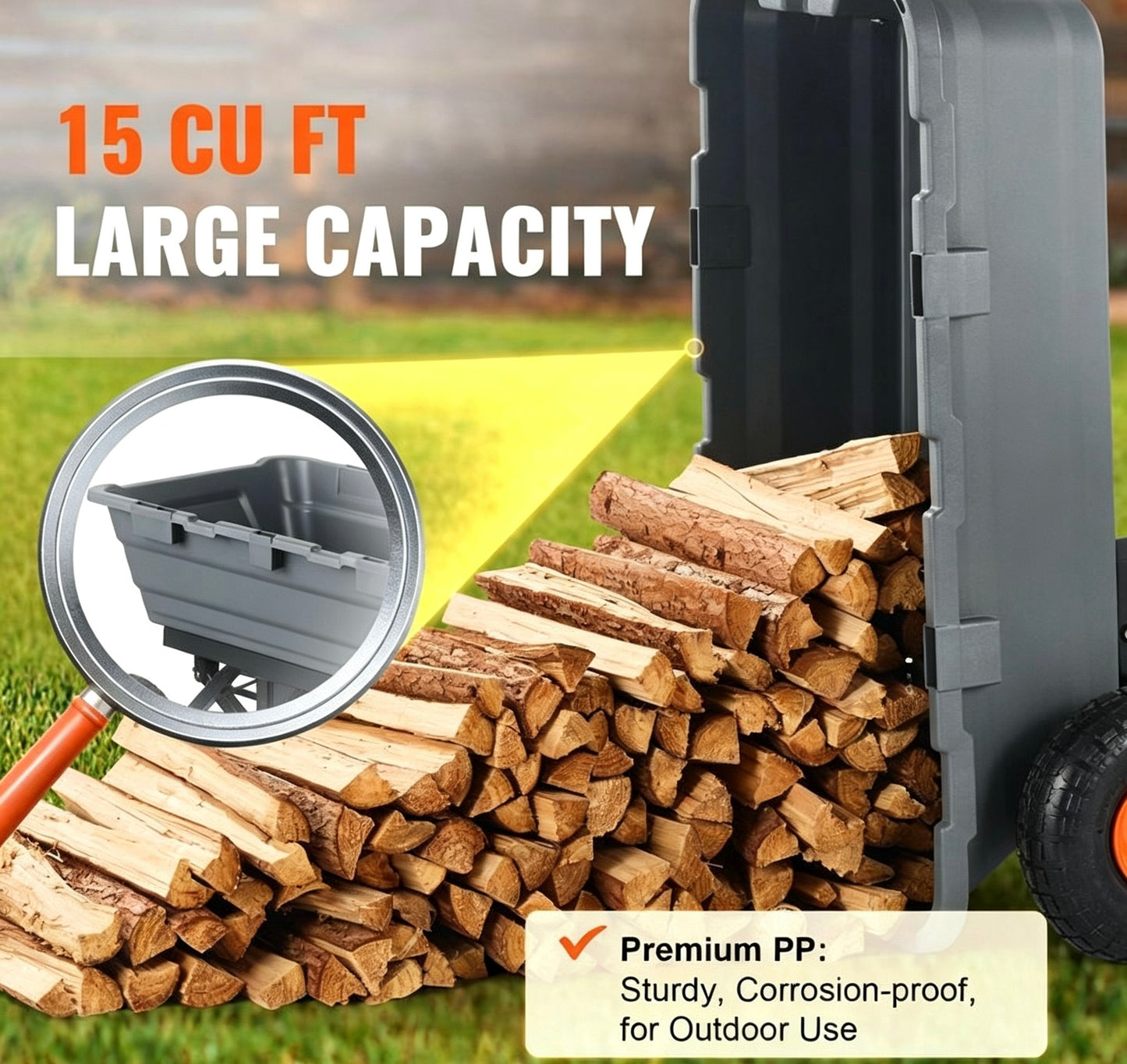Heavy‑Duty Poly Garden Dump Cart, 2‑in‑1 Convertible Handle, 13" Rubber All‑Terrain Wheels, 800‑1500 lbs Load Capacity, Mesh Cargo Cover, 180° Towing Steering for Garden & Farm Work