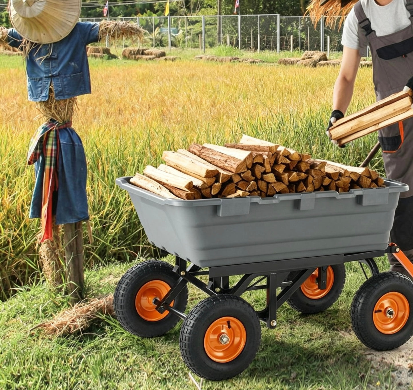 Heavy‑Duty Poly Garden Dump Cart, 2‑in‑1 Convertible Handle, 13" Rubber All‑Terrain Wheels, 800‑1500 lbs Load Capacity, Mesh Cargo Cover, 180° Towing Steering for Garden & Farm Work