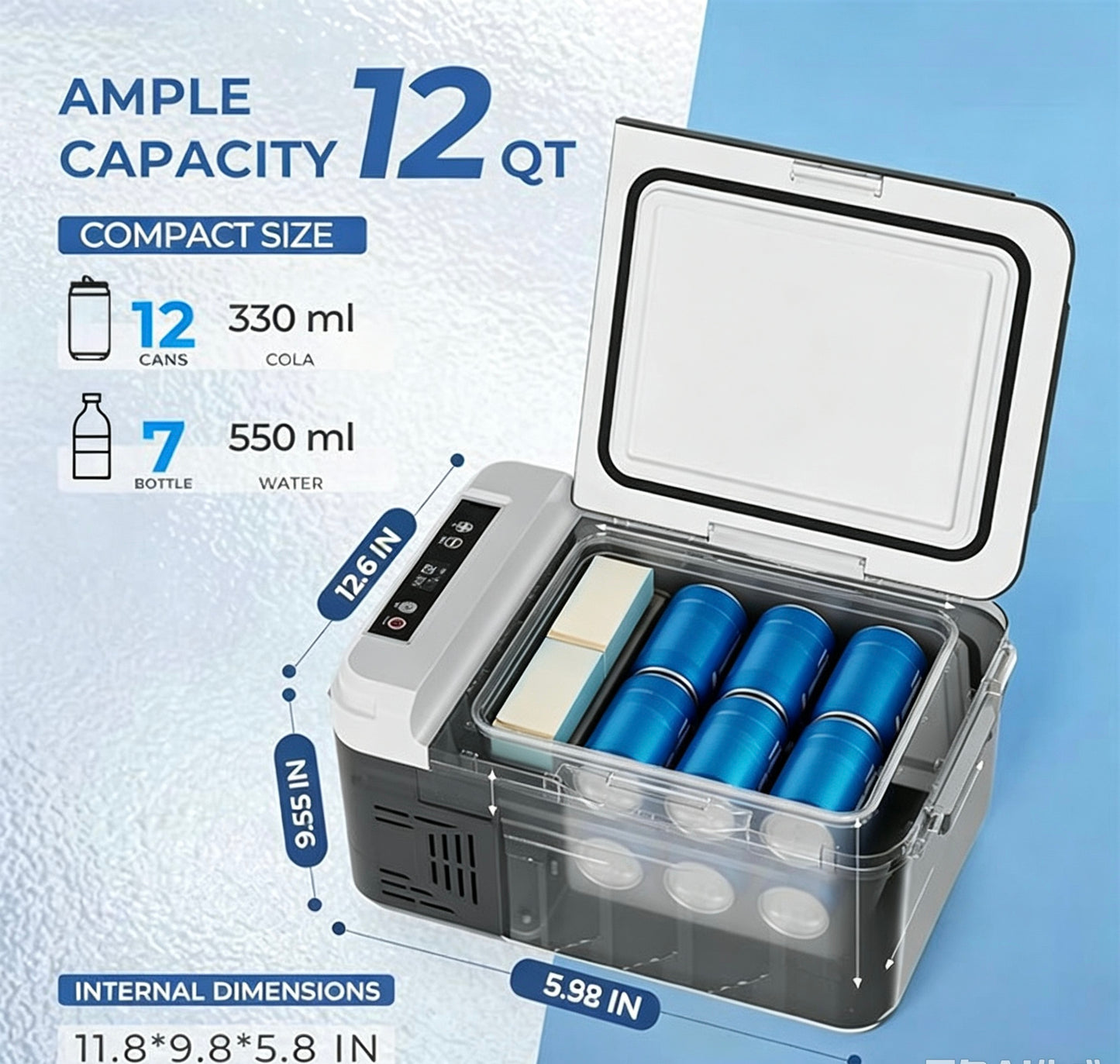12‑Quart 12V Portable Car Refrigerator, Bluetooth Enabled Electric Cooler Freezer for Car, RV, Camping & Road Trips