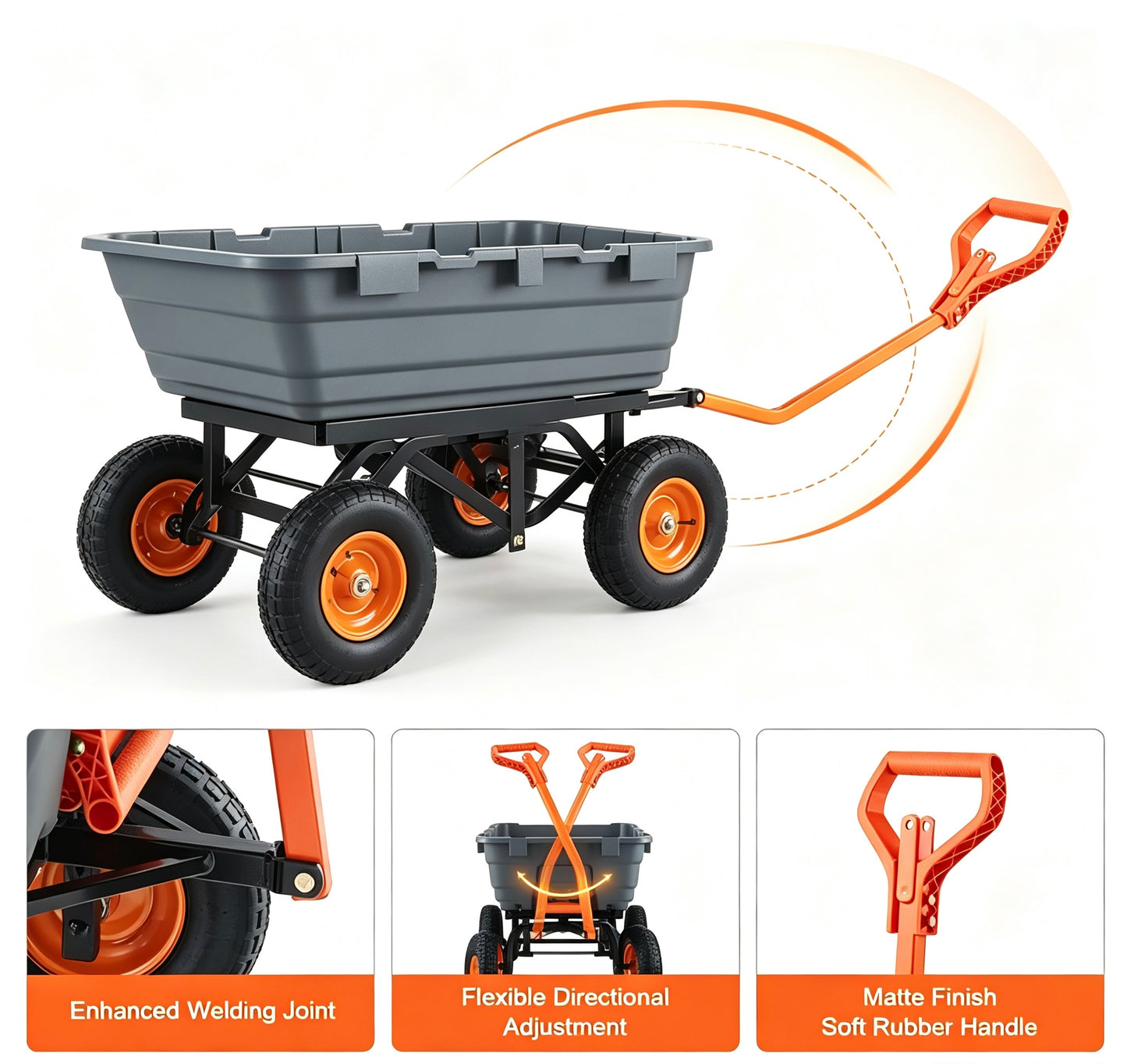 Heavy‑Duty Poly Garden Dump Cart, 2‑in‑1 Convertible Handle, 13" Rubber All‑Terrain Wheels, 800‑1500 lbs Load Capacity, Mesh Cargo Cover, 180° Towing Steering for Garden & Farm Work