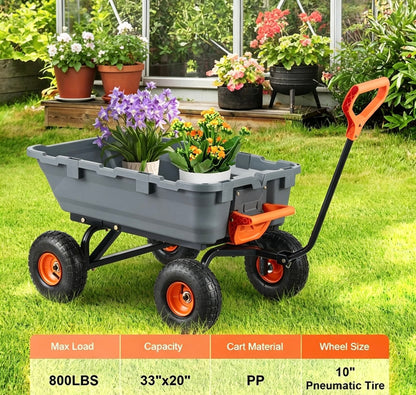 Heavy‑Duty Poly Garden Dump Cart, 2‑in‑1 Convertible Handle, 13" Rubber All‑Terrain Wheels, 800‑1500 lbs Load Capacity, Mesh Cargo Cover, 180° Towing Steering for Garden & Farm Work