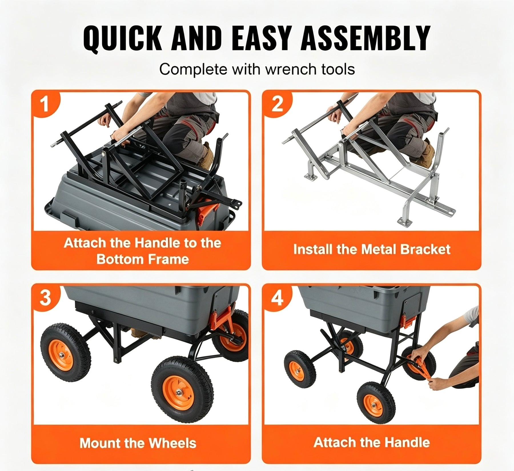 Four step assembly instructions for heavy duty garden cart