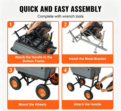 Heavy‑Duty Poly Garden Dump Cart, 2‑in‑1 Convertible Handle, 13" Rubber All‑Terrain Wheels, 800‑1500 lbs Load Capacity, Mesh Cargo Cover, 180° Towing Steering for Garden & Farm Work