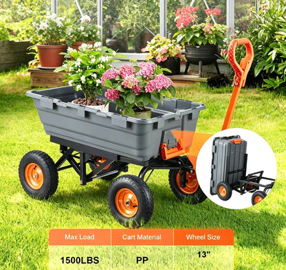 Heavy‑Duty Poly Garden Dump Cart, 2‑in‑1 Convertible Handle, 13" Rubber All‑Terrain Wheels, 800‑1500 lbs Load Capacity, Mesh Cargo Cover, 180° Towing Steering for Garden & Farm Work