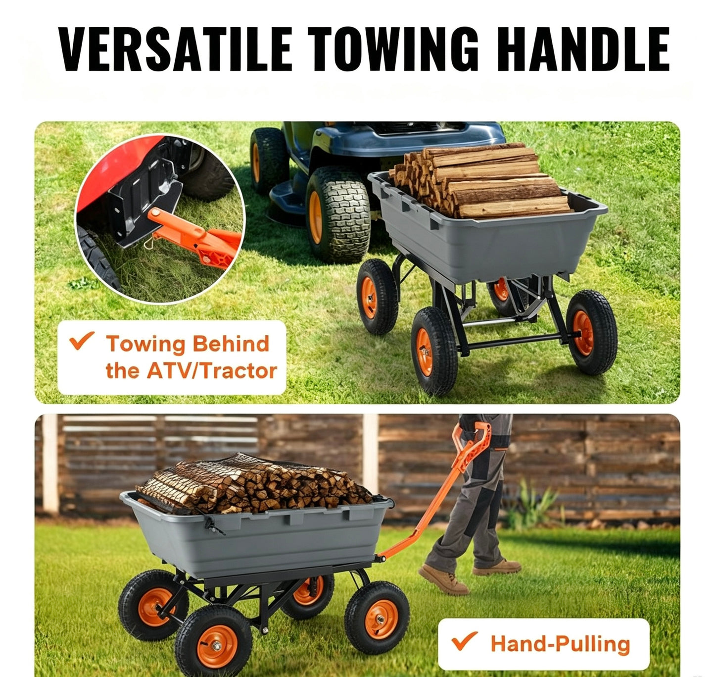 Heavy‑Duty Poly Garden Dump Cart, 2‑in‑1 Convertible Handle, 13" Rubber All‑Terrain Wheels, 800‑1500 lbs Load Capacity, Mesh Cargo Cover, 180° Towing Steering for Garden & Farm Work